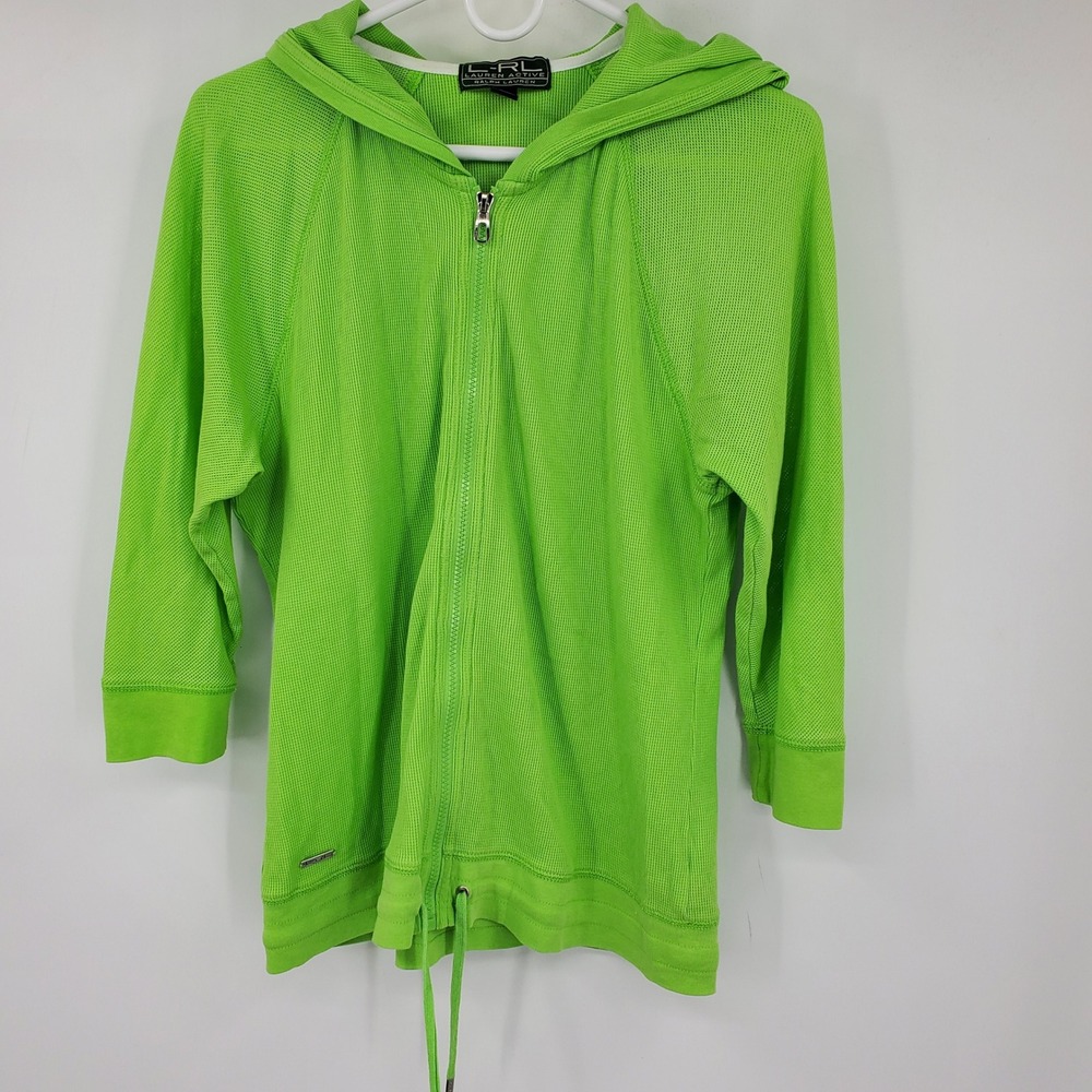 Vintage Lauren Ralph Lauren Active Lime Green Waffle Knit Zip Up Hoodie L Y2K